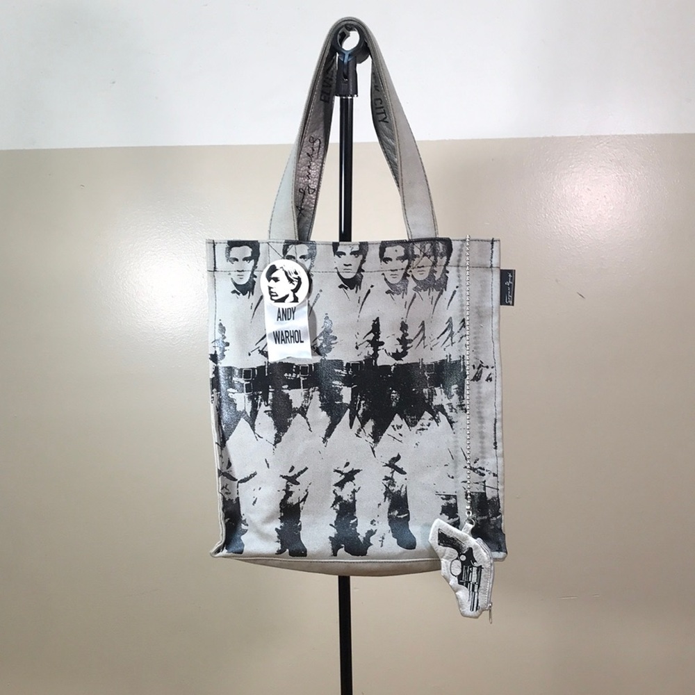 Heavy Andy Warhol tote with silkscreen Elvis print, pistol coin purse